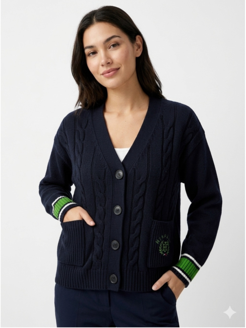 Tommy Hilfiger Preppy Varsity Cardigan Knit Sweater Navy Green Crest Small 387